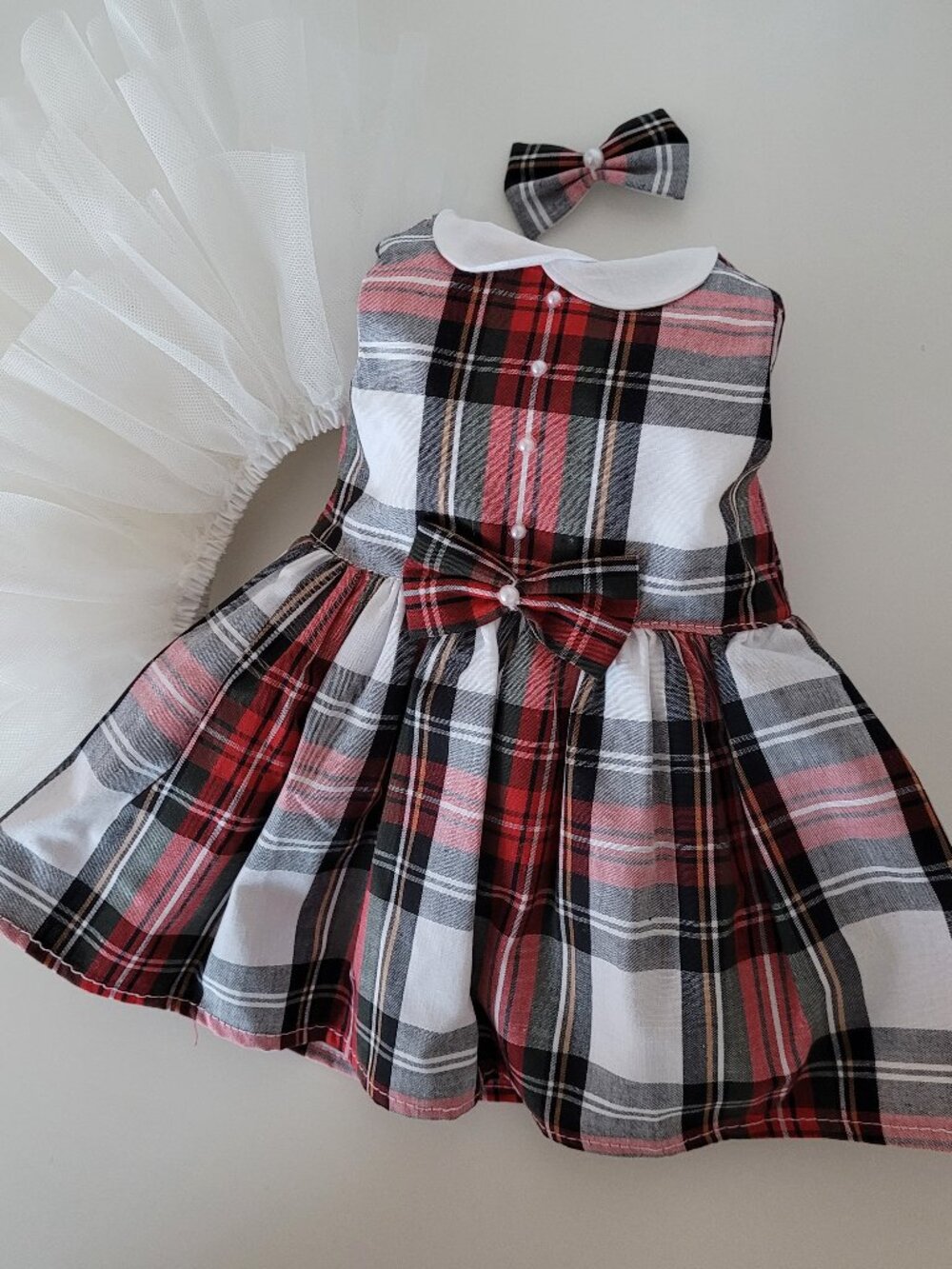 New Handmade Cotton Dress Stewart Tartan Dress with Crinoline for 18 Inch Dolls